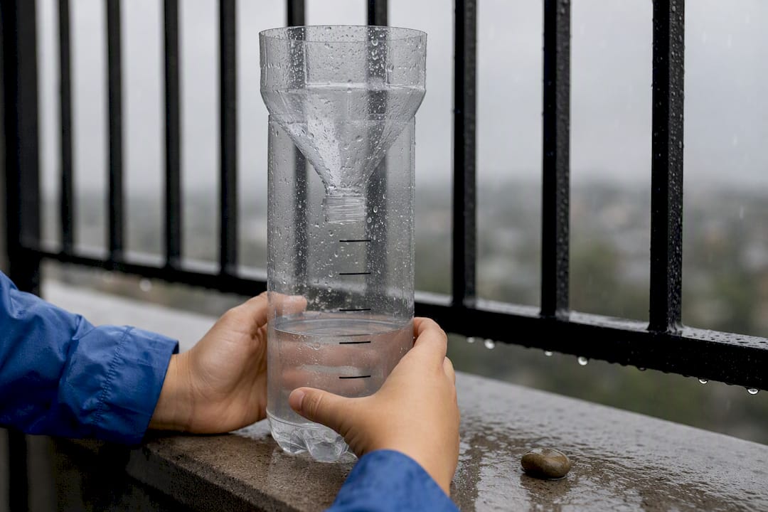 Homemade rain gauge collecting rainfall