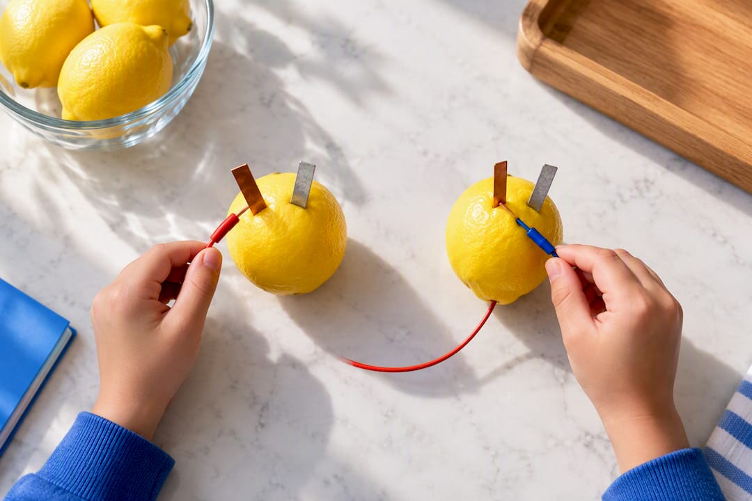 Hands assembling a lemon battery experiment