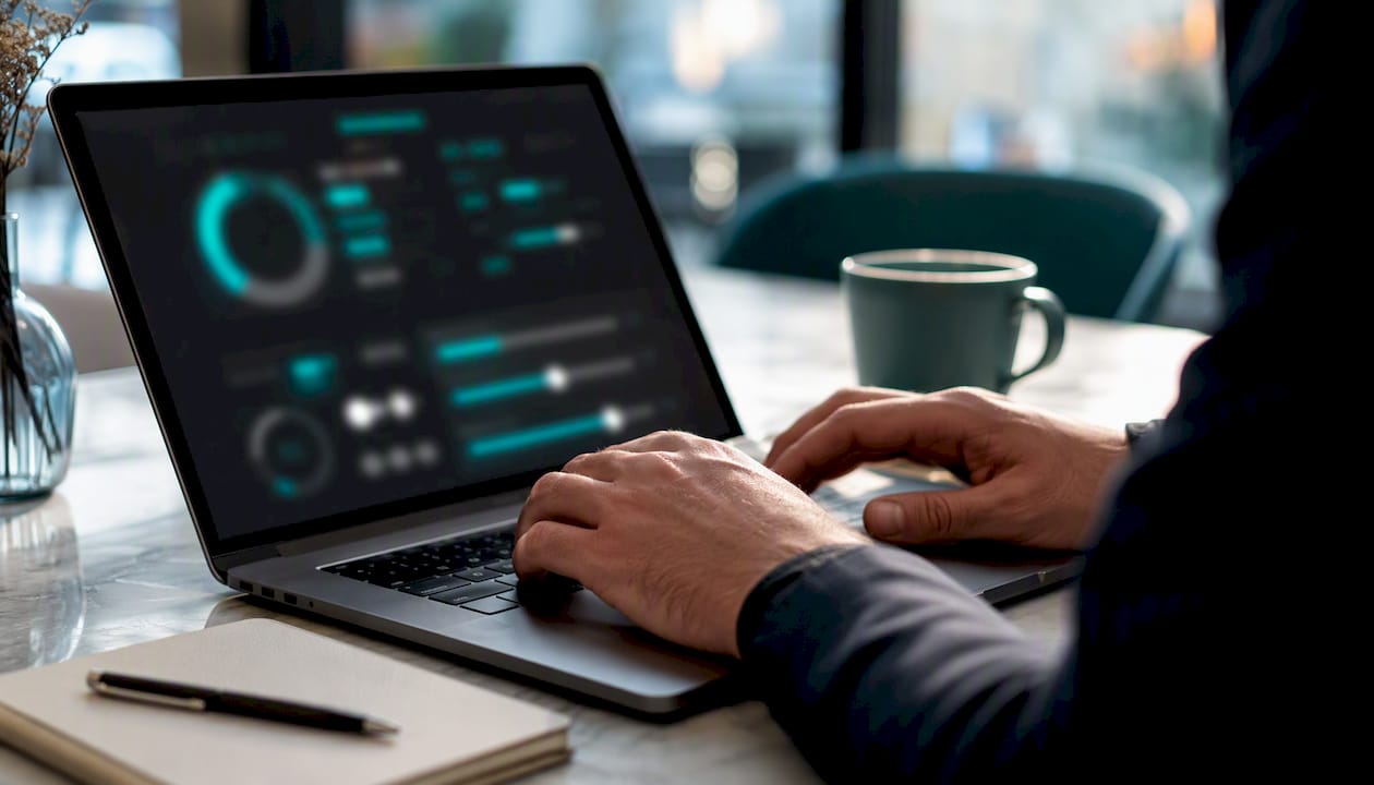 Hands adjusting digital controls on tablet