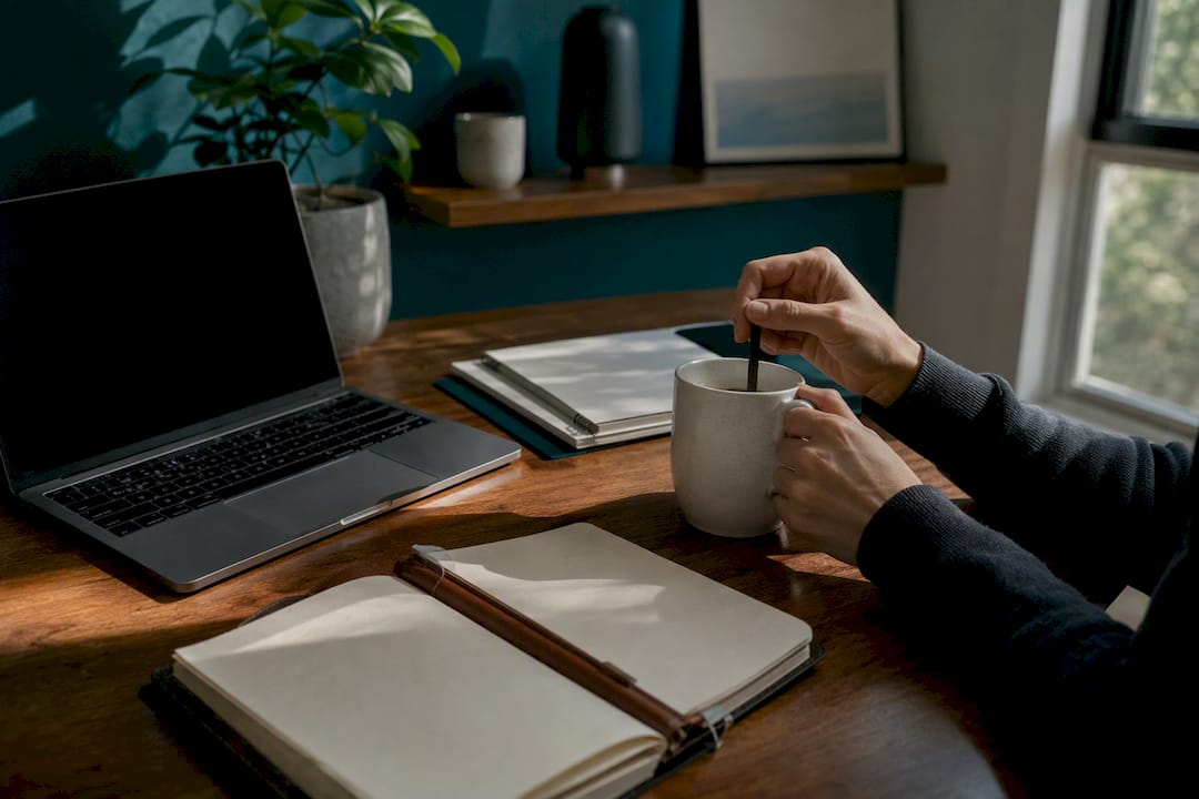 Hand pouring cream into coffee cup on work desk