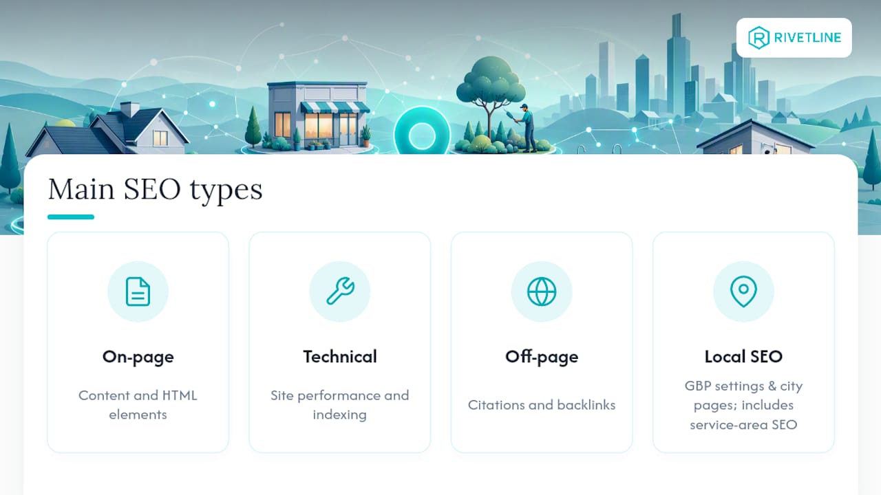 Diagram comparing four main SEO types and service-area SEO specialization Diagram comparing four main SEO types and service-area SEO specialization