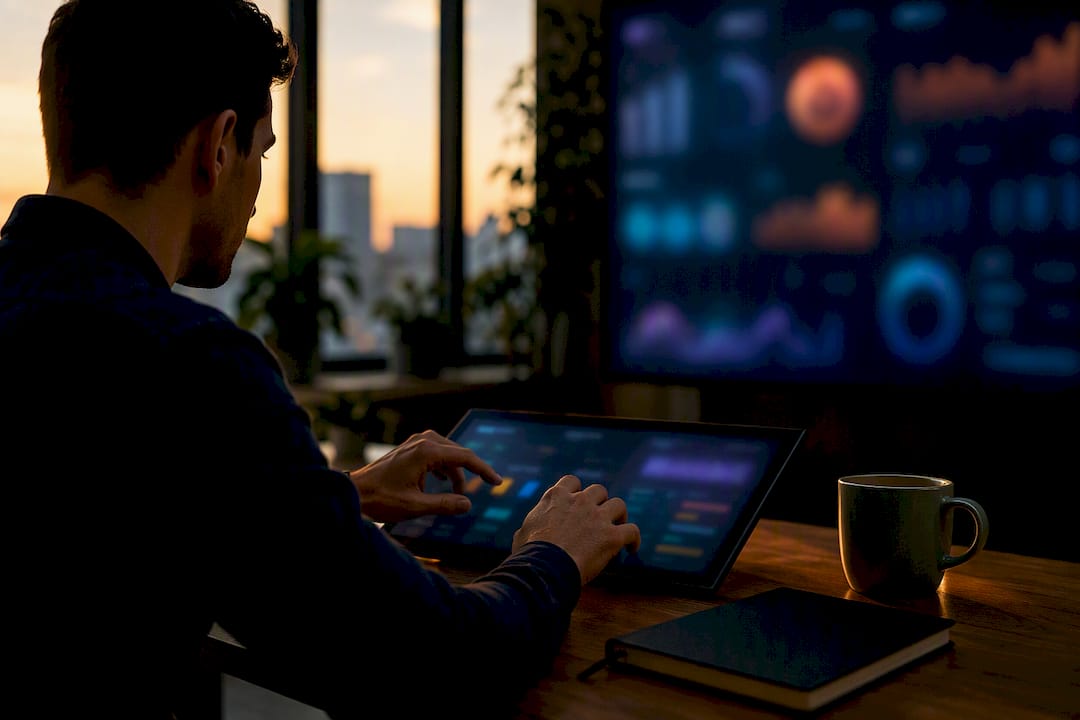 Hands interacting with dark data dashboard