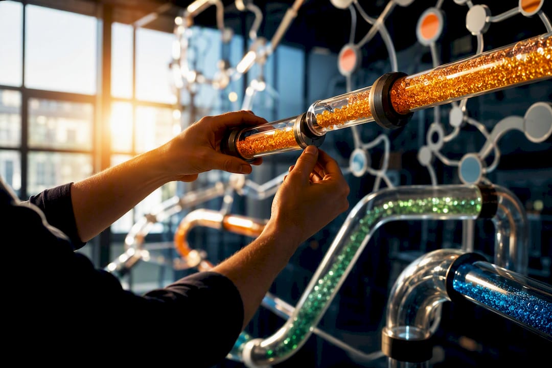Hands adjusting data pipeline tubes