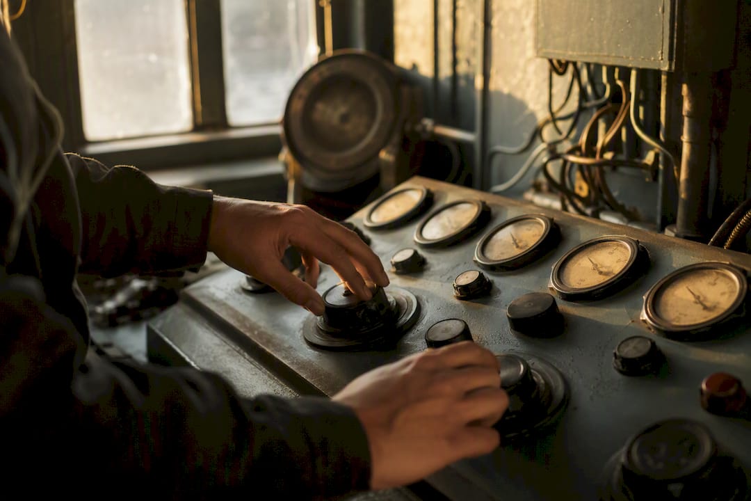 Hands tuning analog dials on control panel