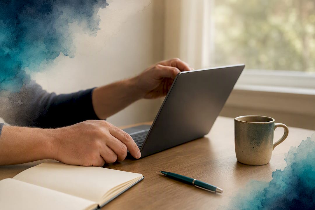 Hands adjusting laptop in office, testing events