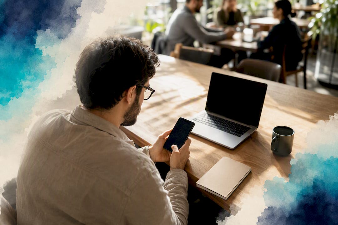 Hands holding smartphone with laptop closed
