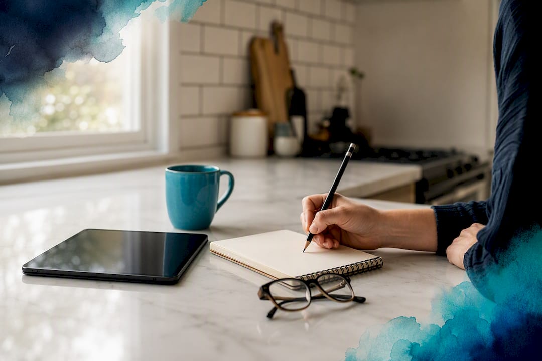 Person taking notes next to tablet on desk