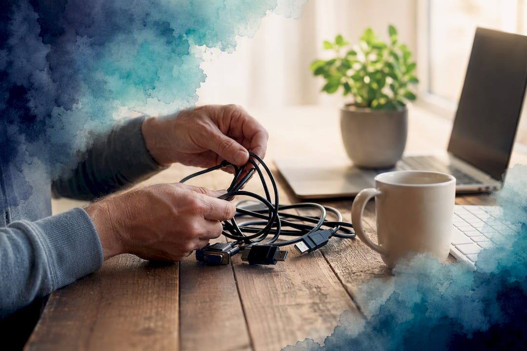Hands managing device cables on workspace desk