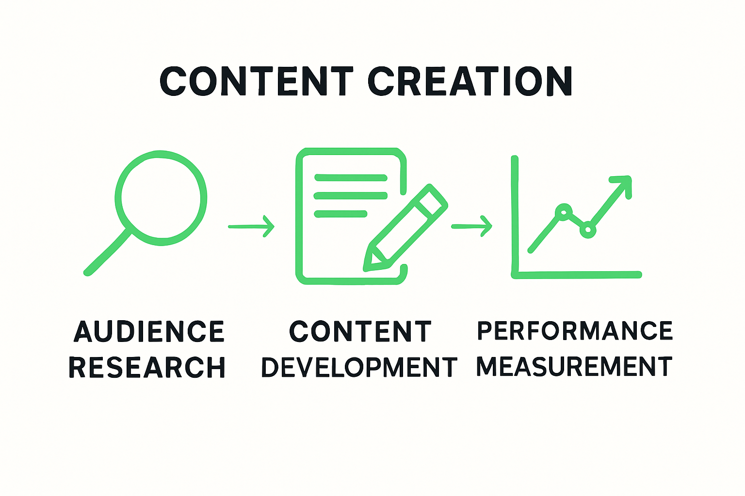 Three pillar content creation process infographic: research, development, measurement