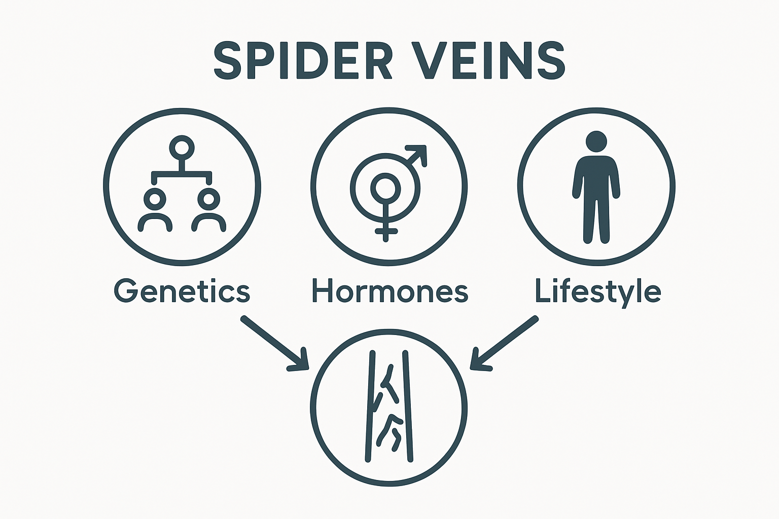 Visual showing genetics, hormones, and lifestyle as main causes of spider veins