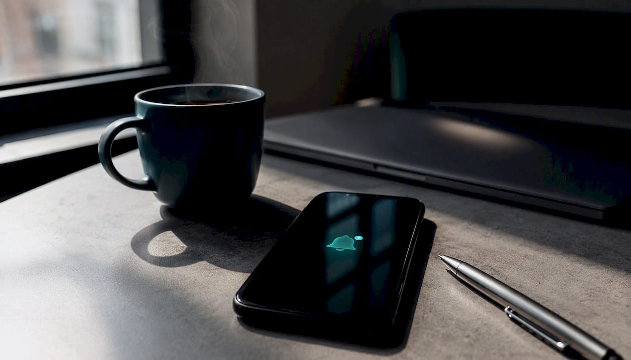 Smartphone with alert icon on desk