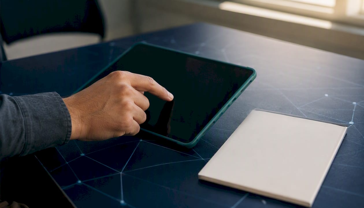 Hand with physical ledger and tablet on navy desk