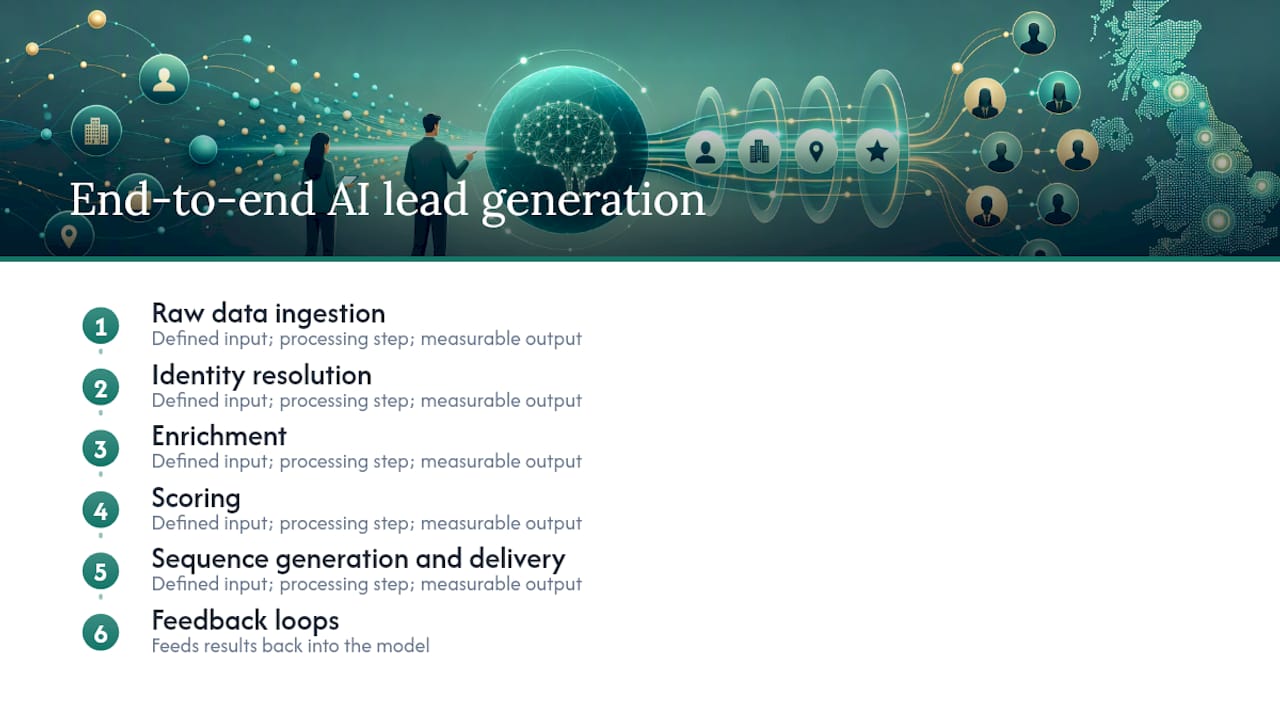 Diagram of AI lead generation process stages with inputs and outputs