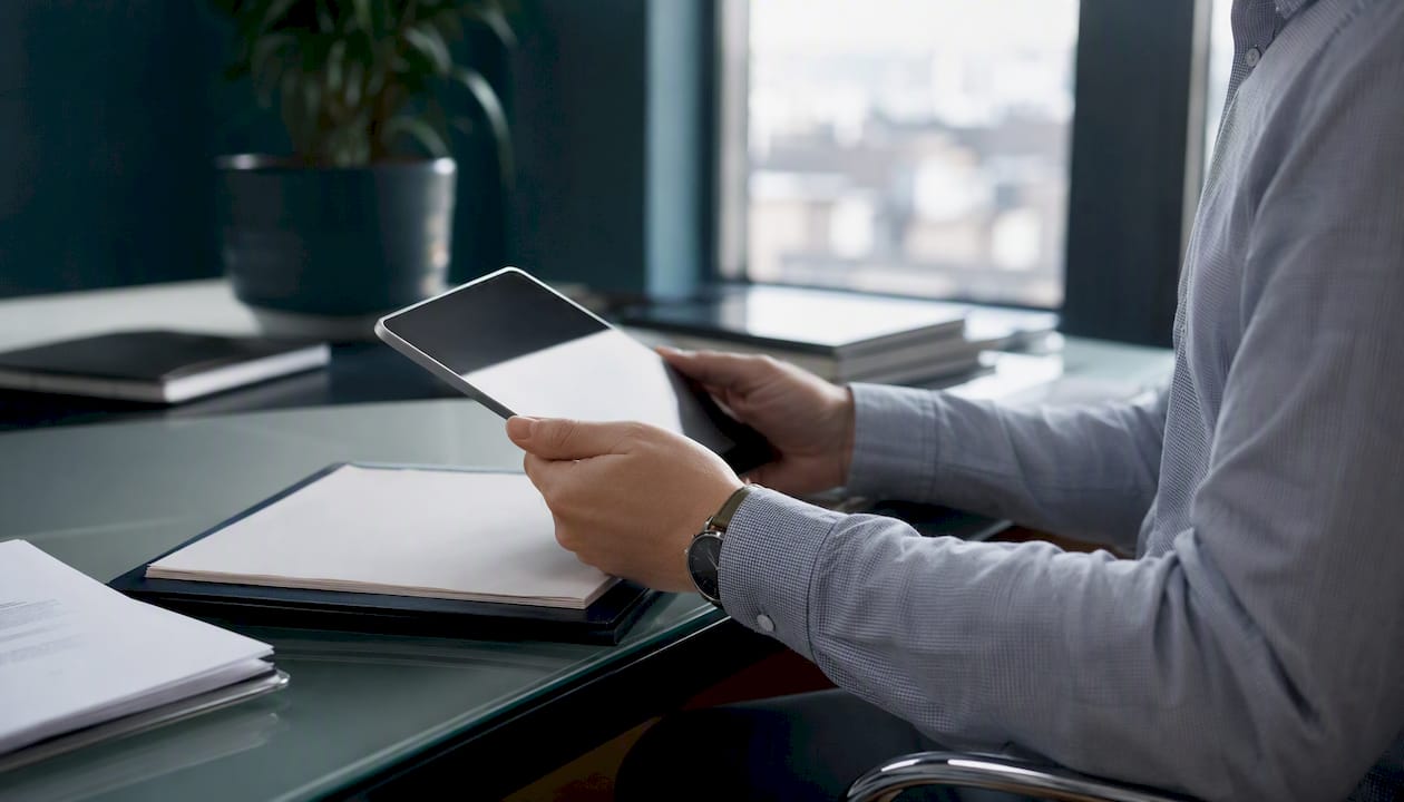 Hands verifying business data for lead scoring