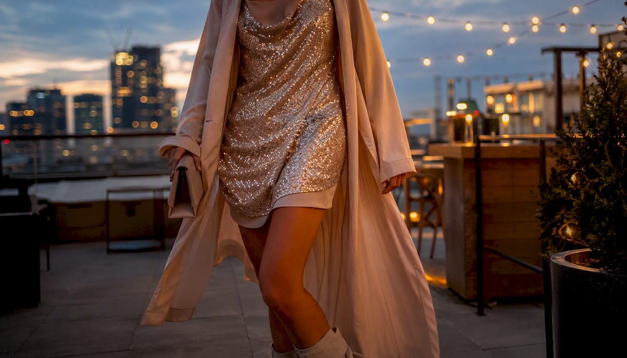 Sequin mini dress and satin slip outfit detail
