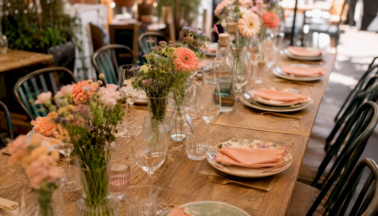 Table set for group dining at a restaurant