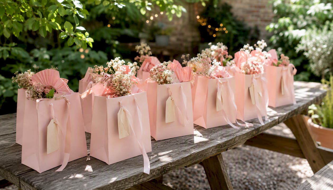 Personalized blush pink hen party favor bags close-up