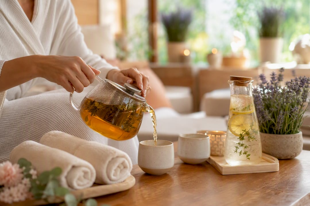 Hands pouring tea in spa private lounge