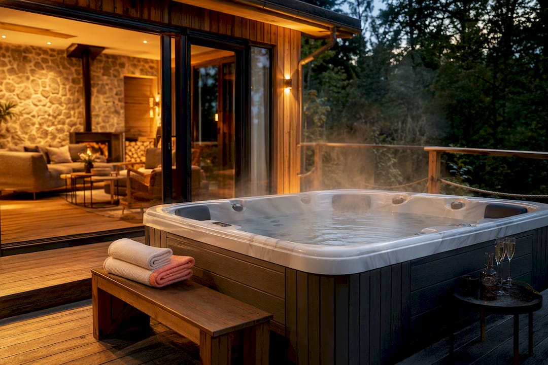 Private hot tub outside countryside spa lodge