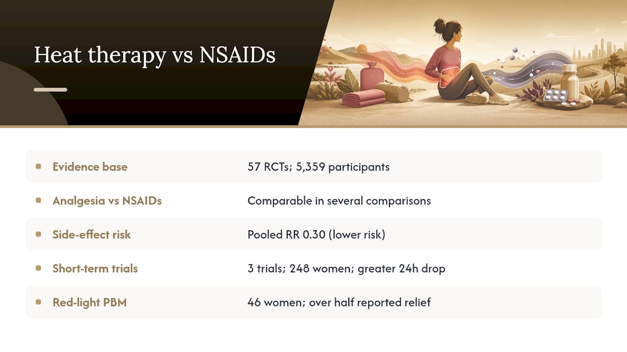 Comparison diagram of heat therapy versus NSAIDs for menstrual pain relief
