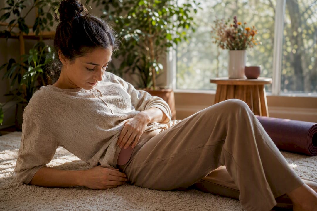 Woman adjusting heat patch on lower abdomen at home