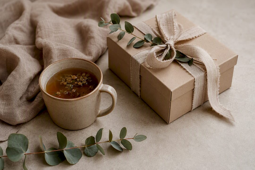 Flat lay of gift wrapping and tea on wooden table