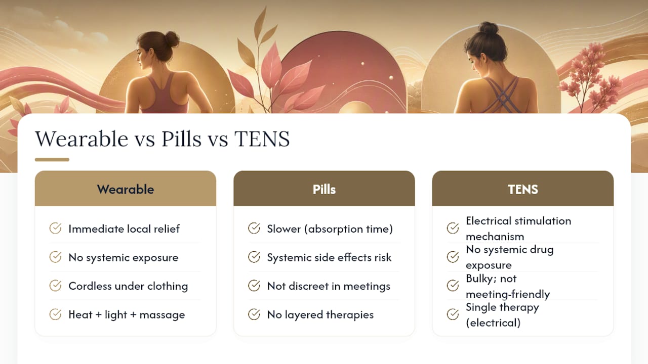 Comparison diagram of wearable, pills, and TENS devices for period pain
