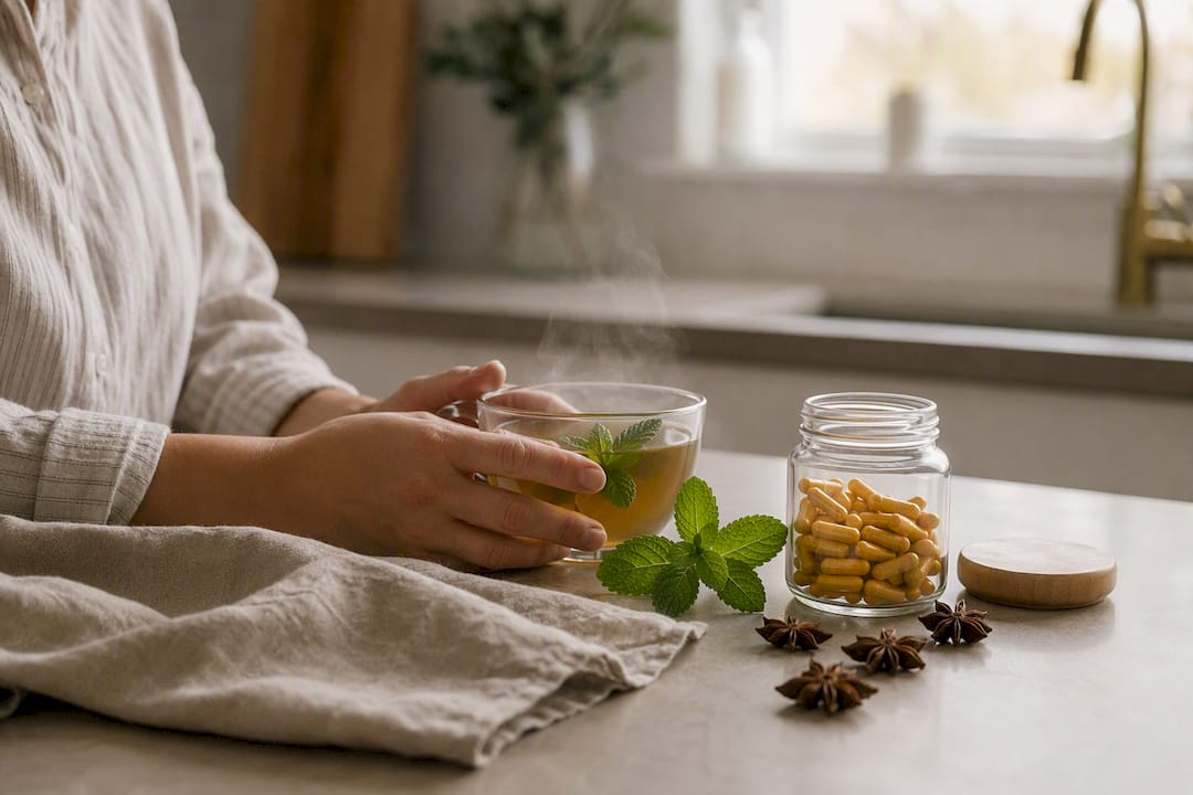 Herbal tea and magnesium supplements arranged on table