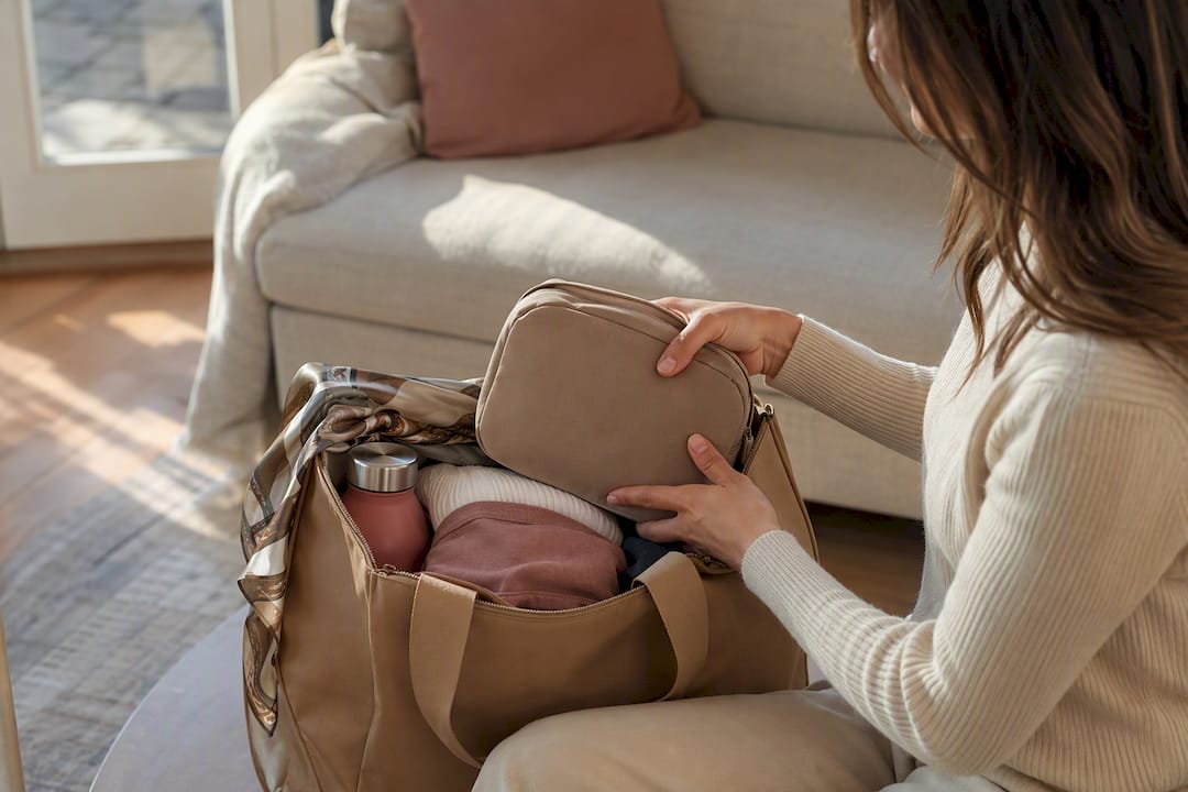 Hands packing a soft pouch into travel bag