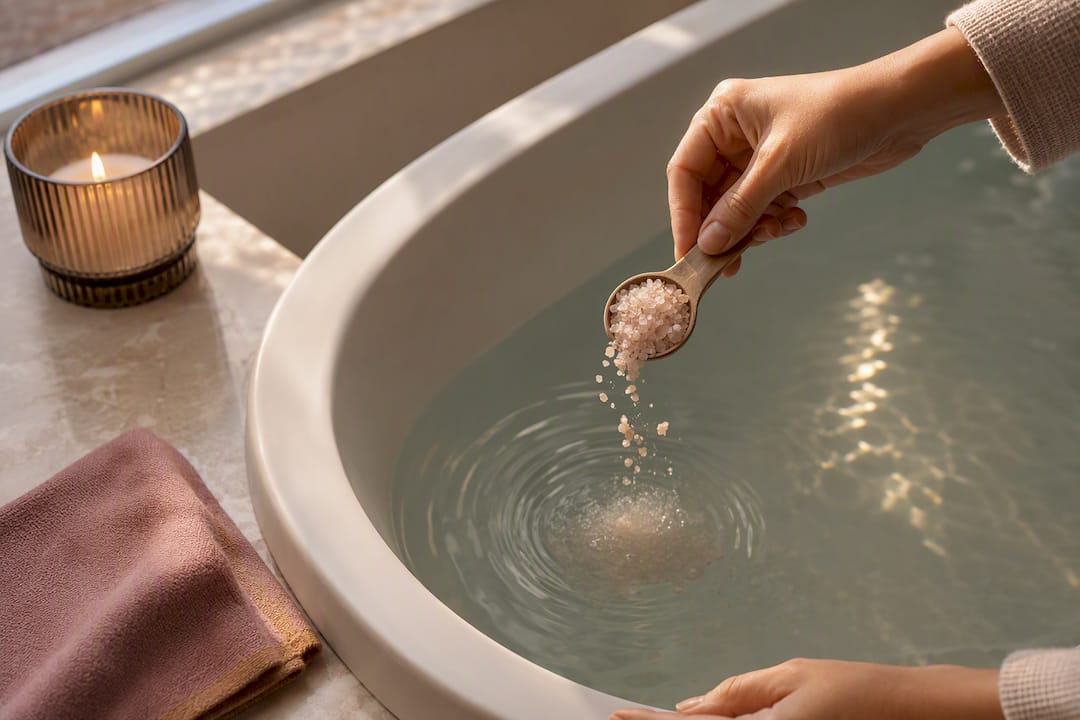 Hands adding bath soak to relaxing water