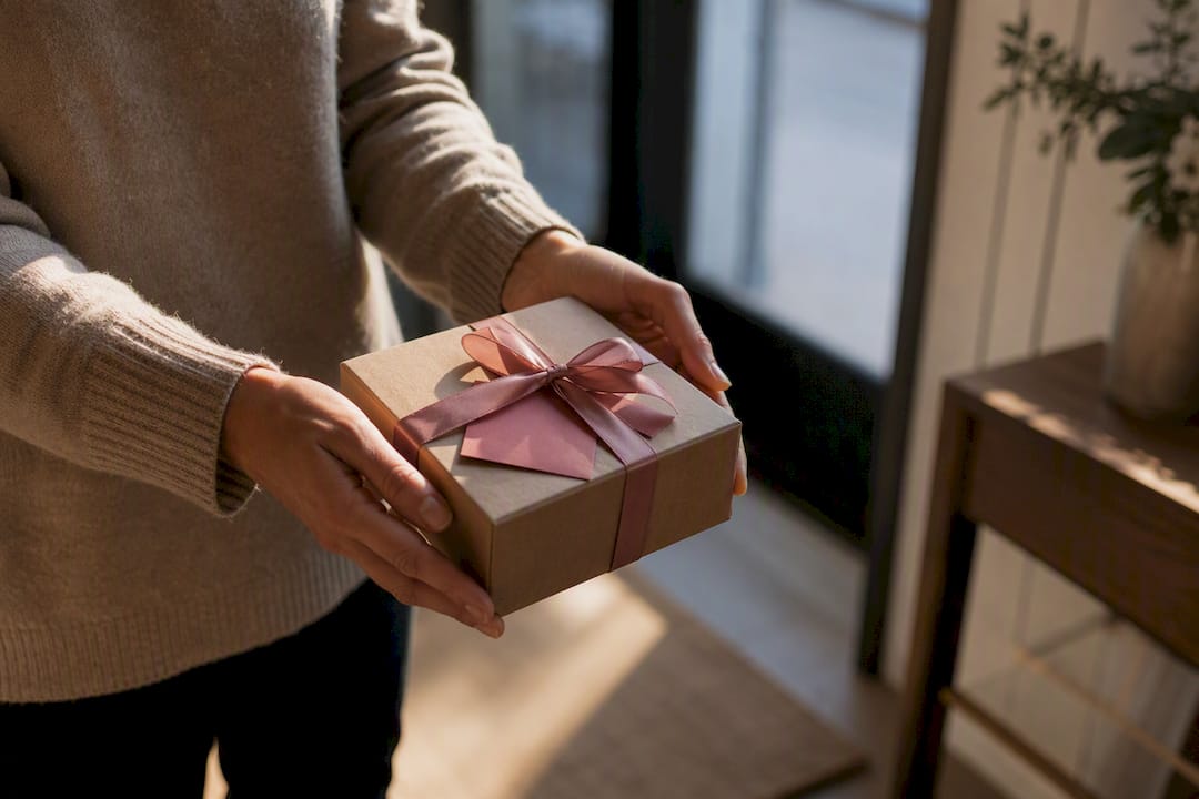 Hands offering a thoughtfully wrapped wellness gift