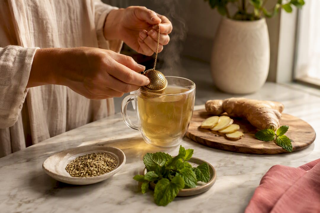 Ginger peppermint and fennel beside tea
