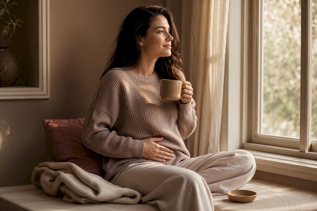 Woman holding warm mug for period comfort