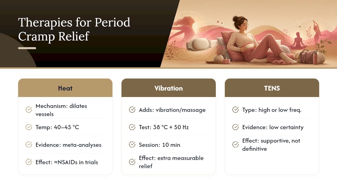 How Heat, Massage, and Infrared Ease Period Cramp Pain — overview diagram