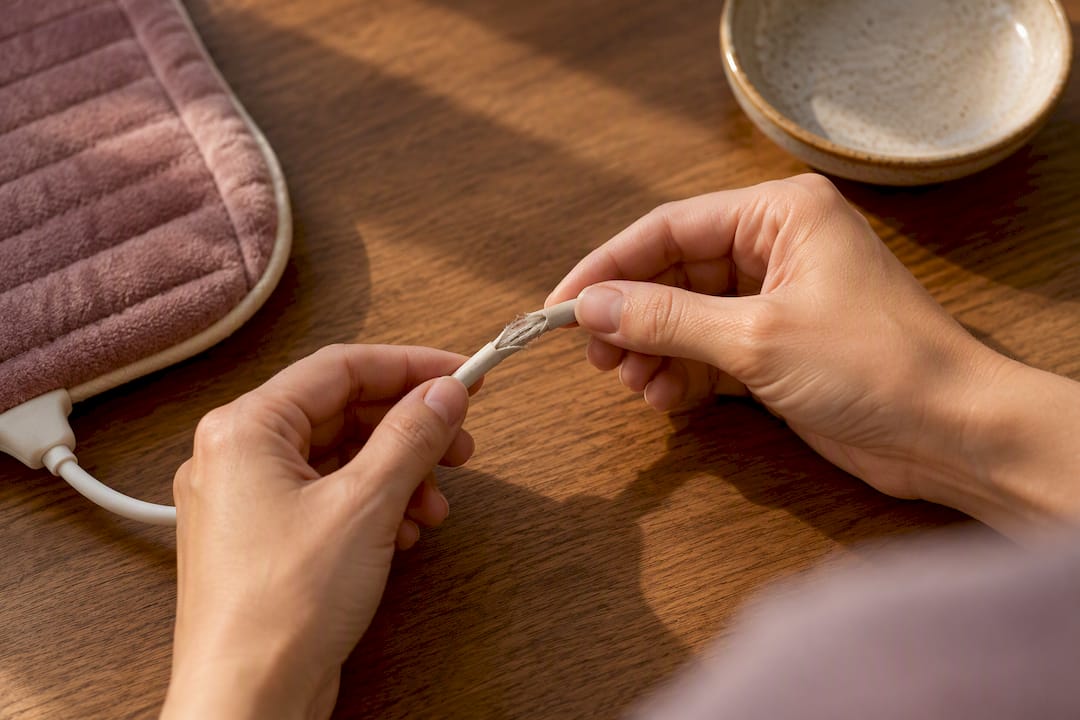 Hands inspecting a frayed heating pad cord