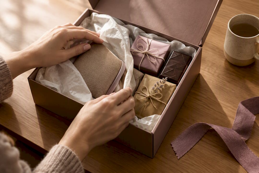 Hands arranging a thoughtful period care package