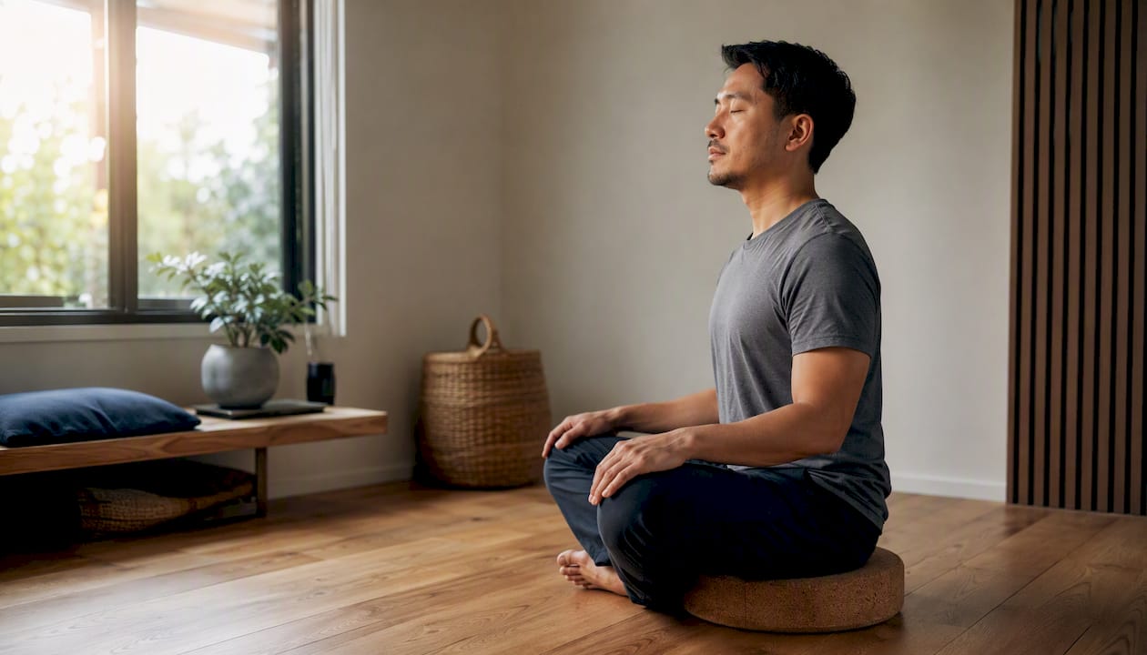 Person sitting in meditation posture for box breathing