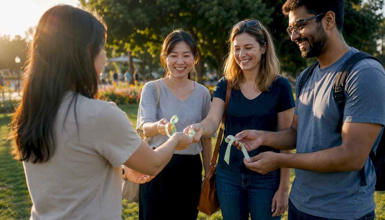 Hands distributing green ribbons outdoors