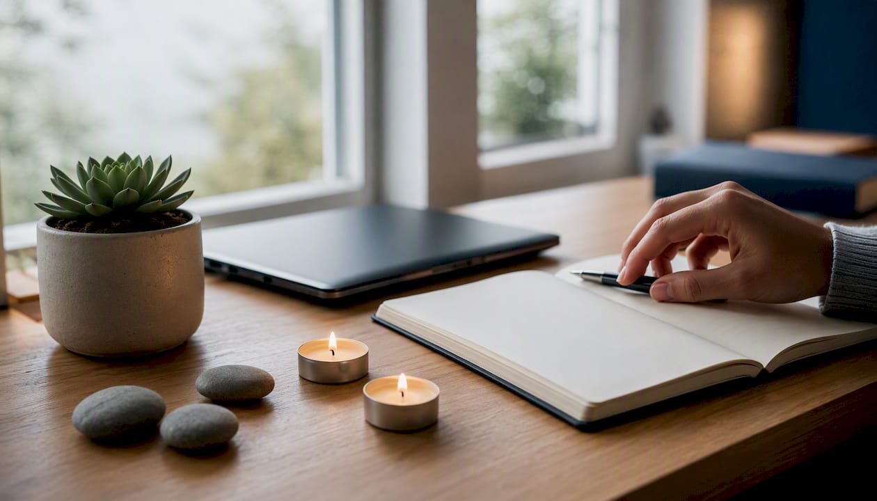 Desk with notebook, pen, and symbolic objects