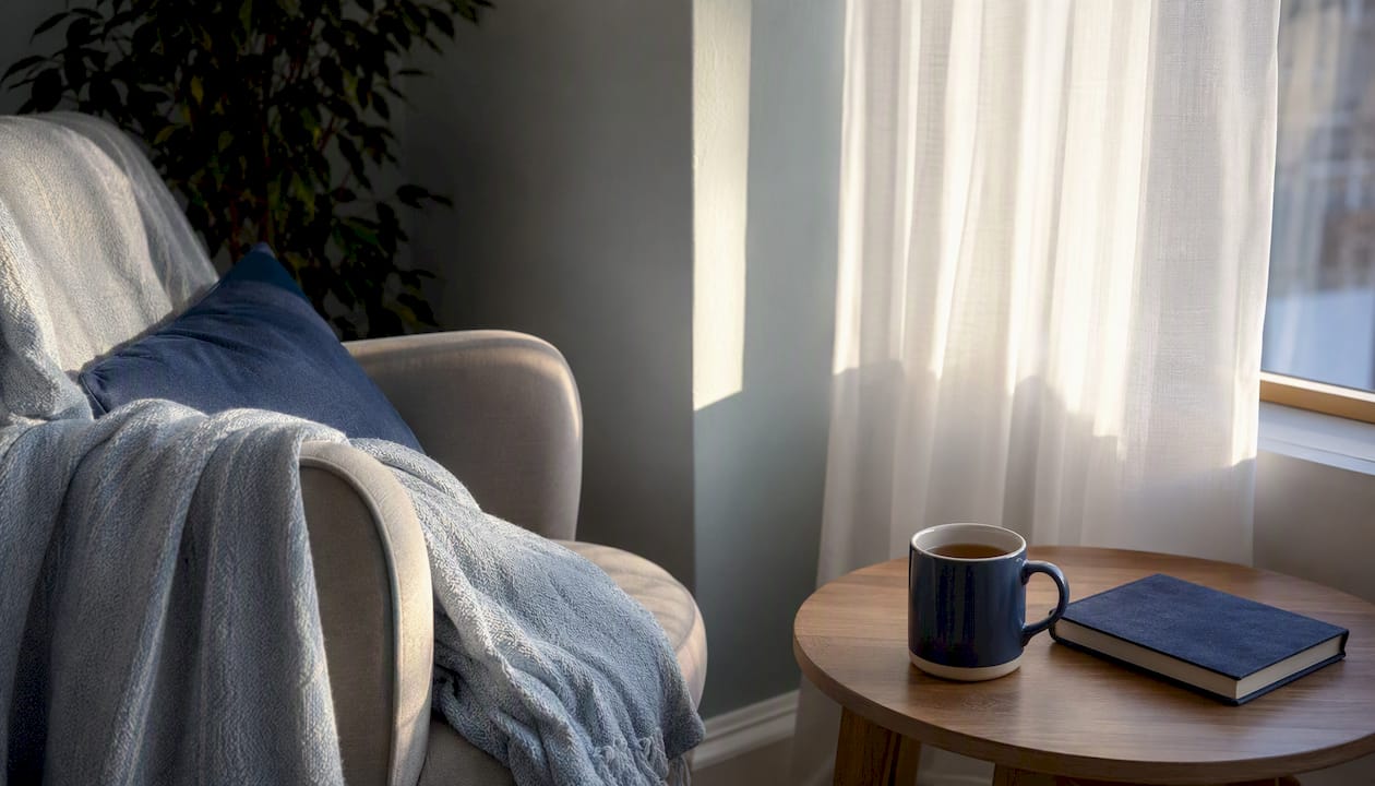 Cozy journaling spot with mug and blanket