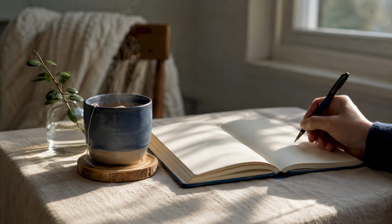 Coffee cup and journal on table for morning habit