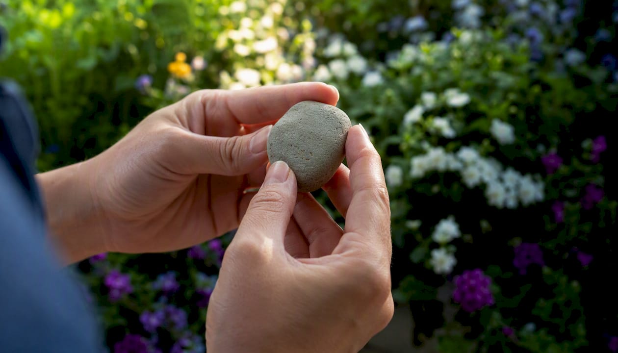 Hands holding a textured grounding stone