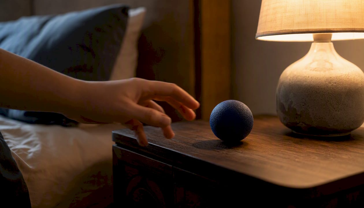 Smooth stone on nightstand for stress relief