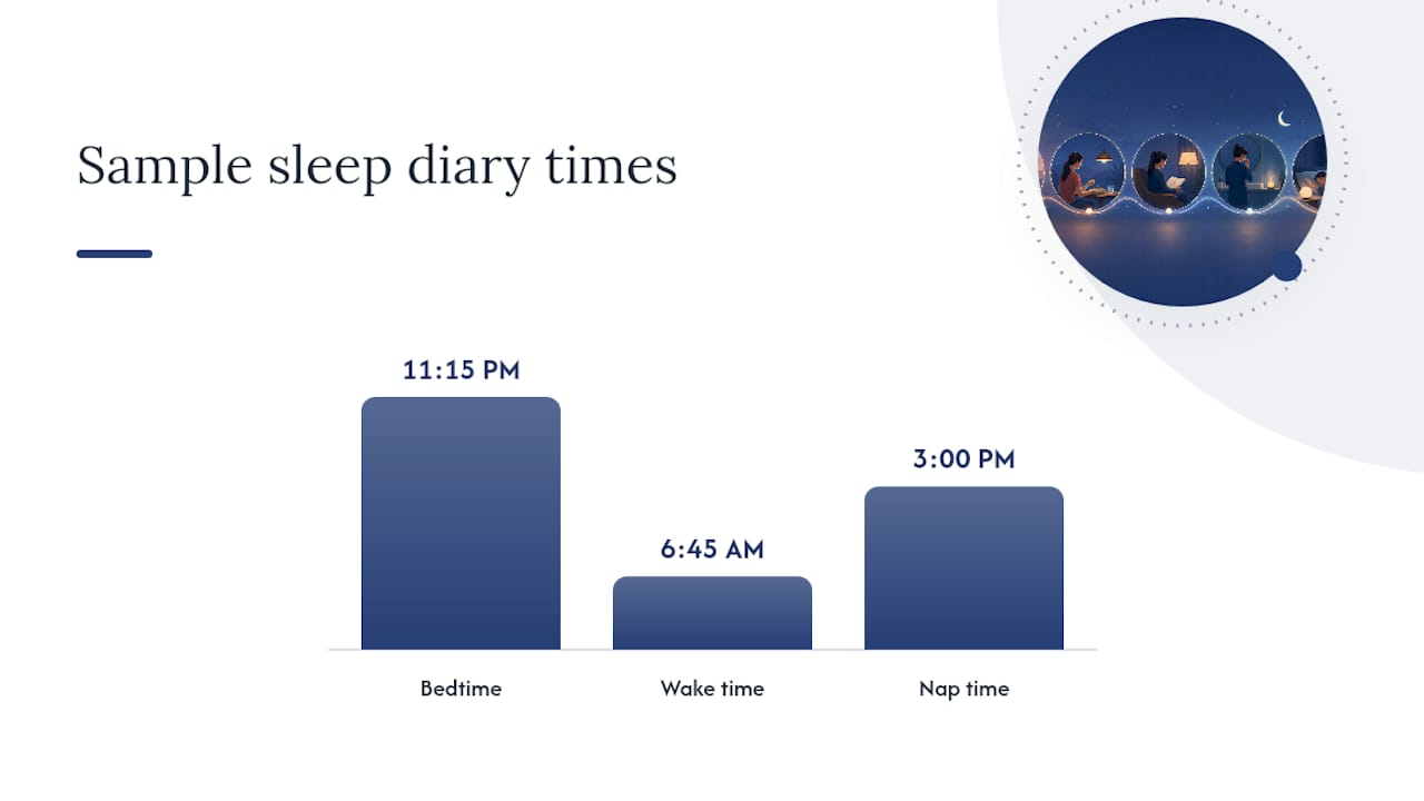 Diagram illustrating sleep diary fields and sample entries