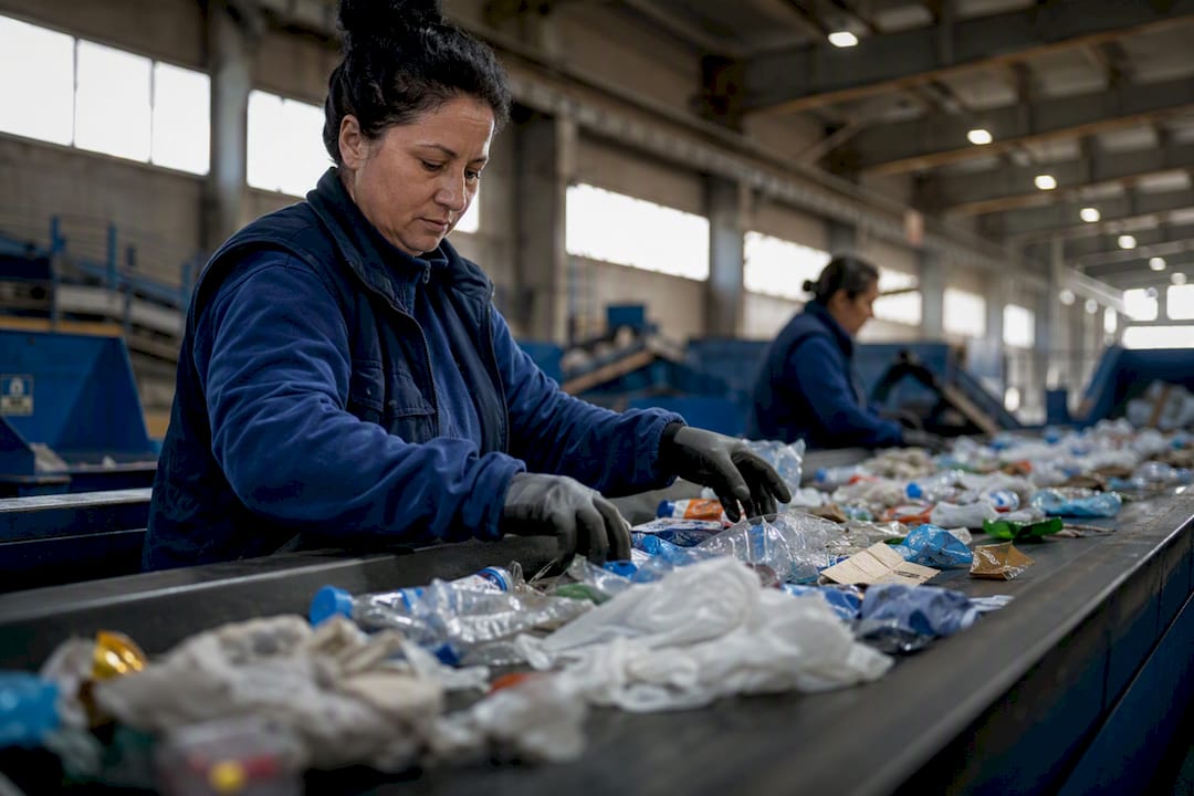 Workers sorting recycled packaging materials