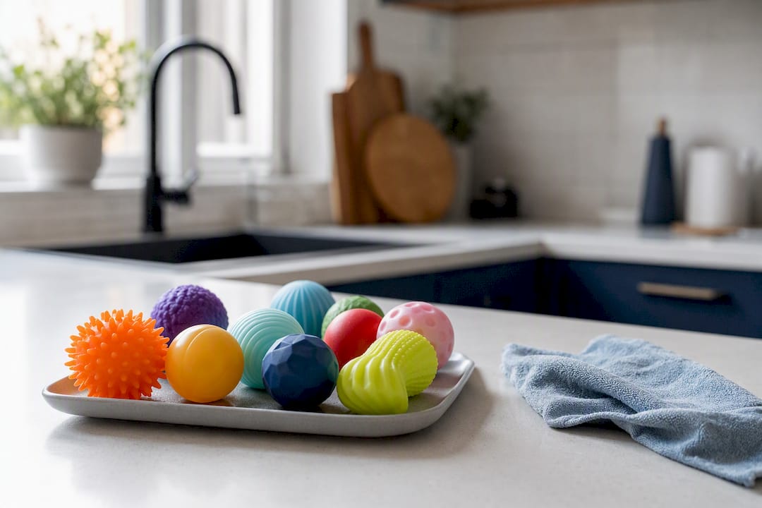 Silicone stress balls drying on a tray after cleaning
