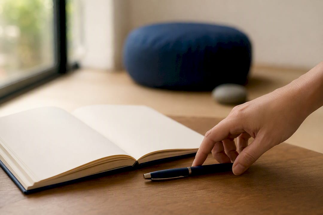 Hand setting pen beside journal on desk