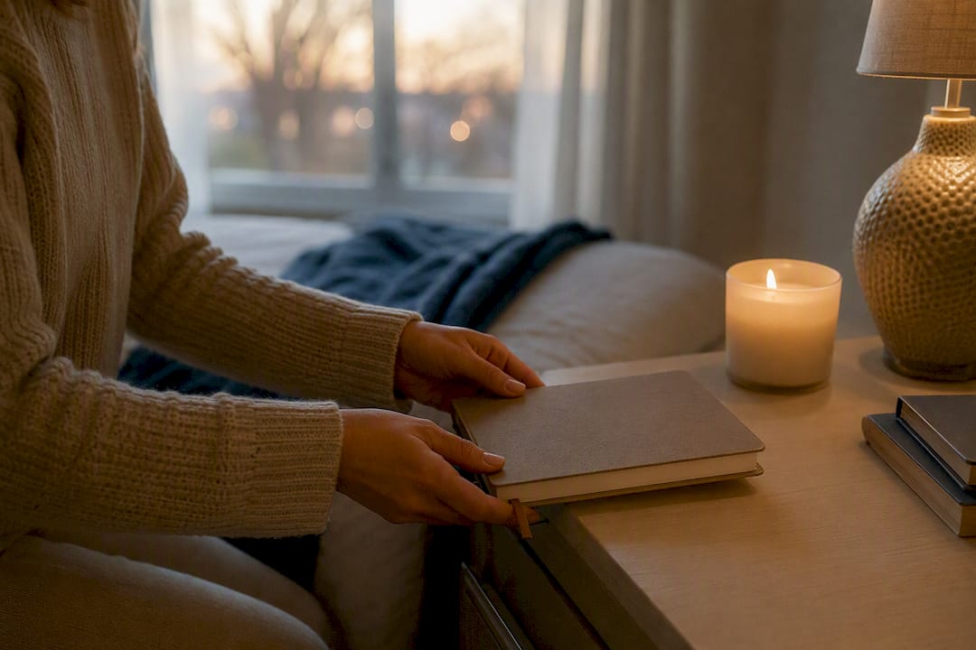 Hands closing journal beside candle