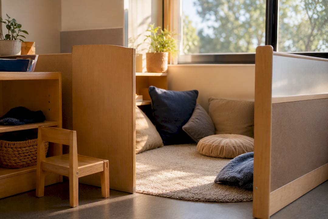 Low partition providing privacy in classroom calm corner