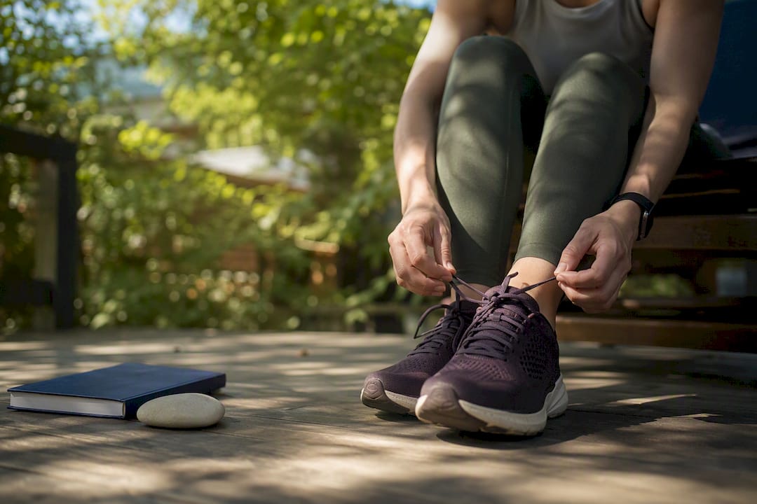Person tying shoes preparing for a walk